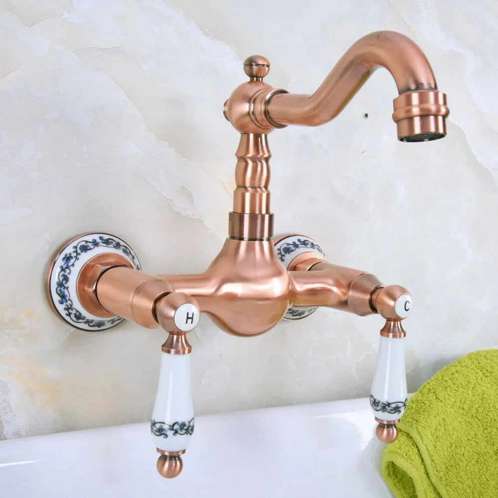 Basin Faucet Wall Mounted Dual Handles Bathroom Faucets Swivel Spout Antique Red Copper Hot Cold Water Mixer Tap Nnf955