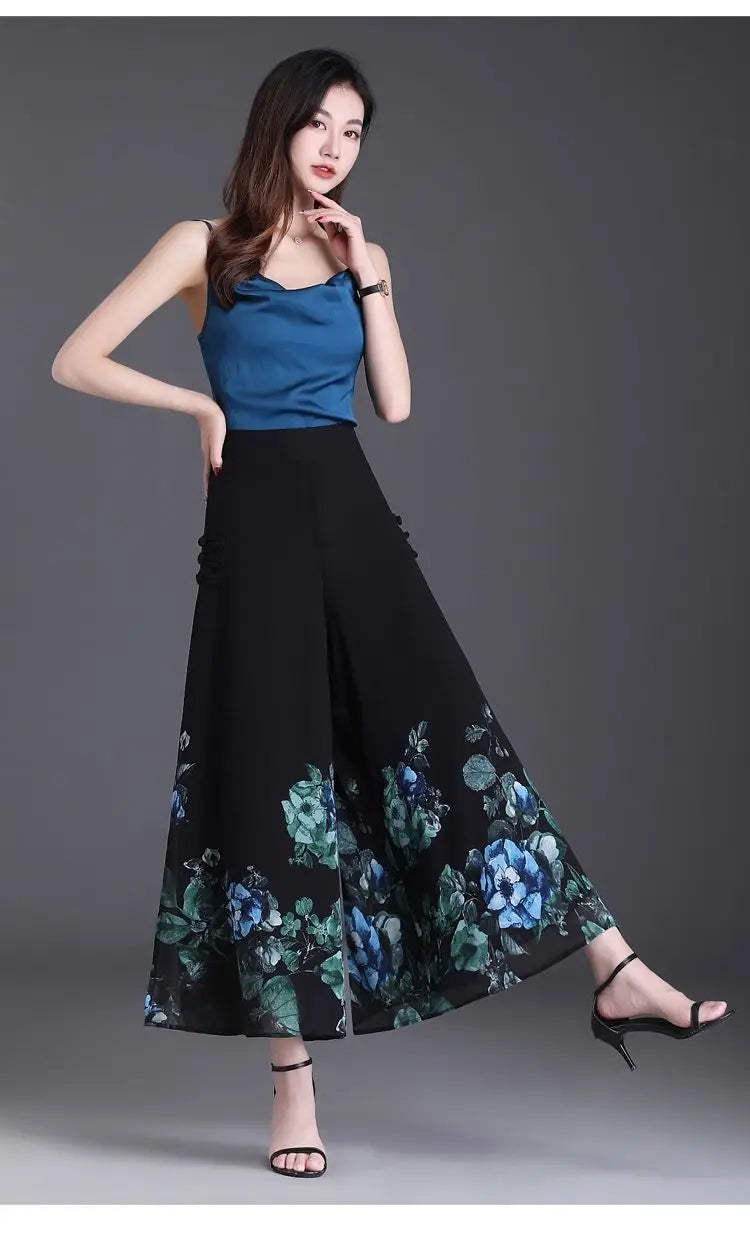 Thin Chinese Style Floral Chiffon Wide Leg Pants Women Tie Die Printed Button Loose High Waist Vintage Straight Trousers