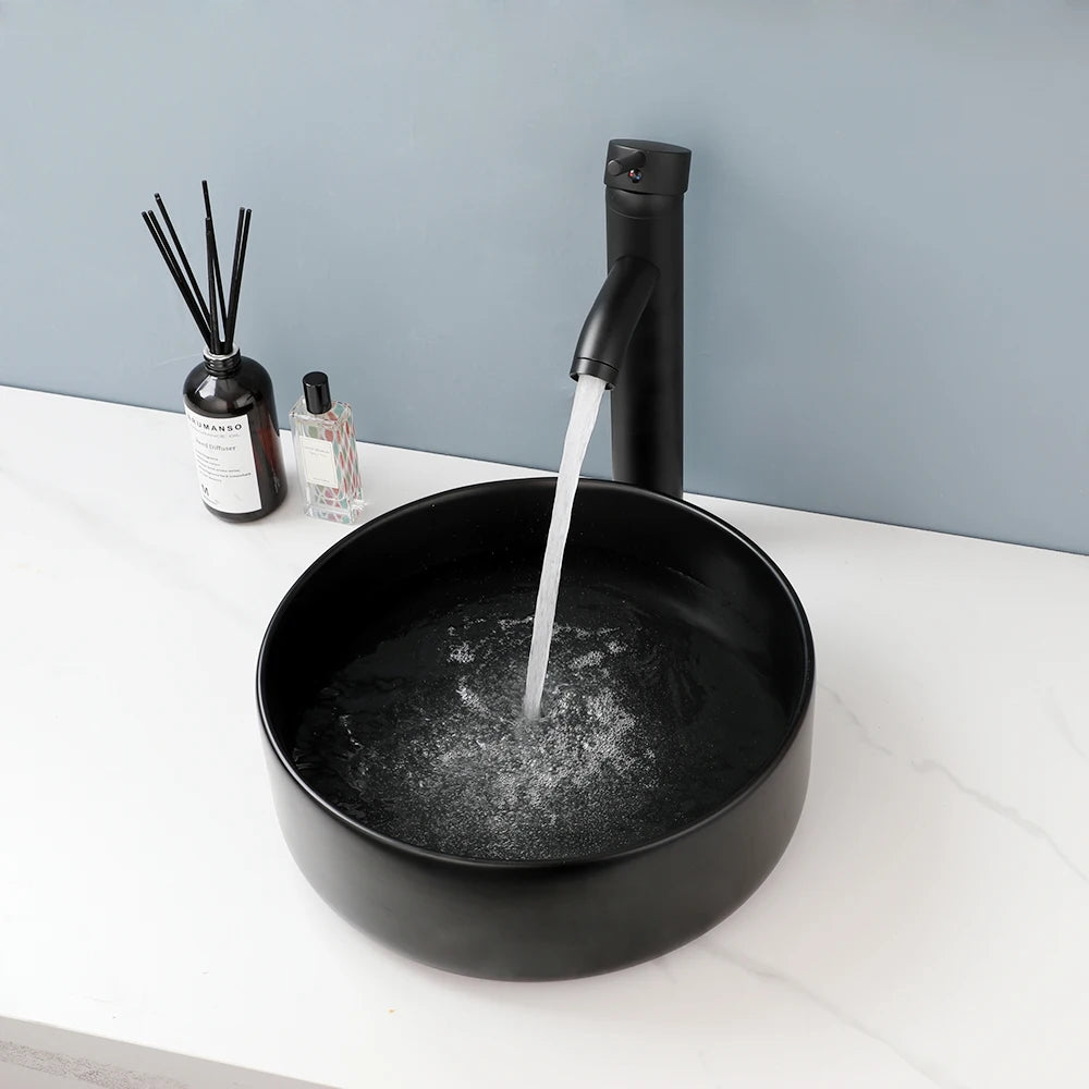 KEMAIDI Matte Black Bathroom Ceramic Washing Bowl Sink Above Counter Round Bathroom Sinks with Faucet Mixer Tap Set Deck Mounted