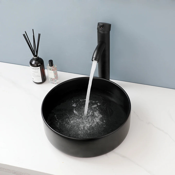 KEMAIDI Matte Black Bathroom Ceramic Washing Bowl Sink Above Counter Round Bathroom Sinks with Faucet Mixer Tap Set Deck Mounted