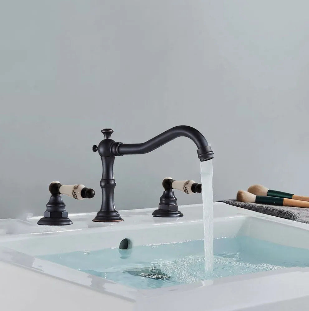 Black Oil Rubbed Bronze Double Handles 3 Holes Install Widespread Deck Mounted Bathroom Sink Basin Faucet Sink Mixer Tap mhg067