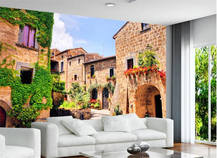 3D Custom Mural Wallpaper - Window Sea View with Red Flowers Stone Path Small Island Garden Lake Background wall for Home Decor