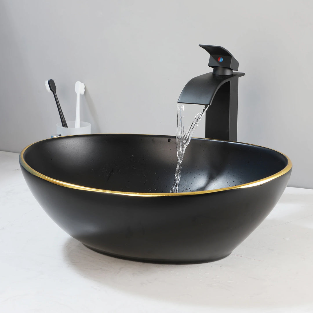 KEMAIDI Oval Vessel Sink with Faucet White Marbling Bathroom Vessel Sinks Above Counter  Ceramic Vessel Sinks for Bathroom Mixer