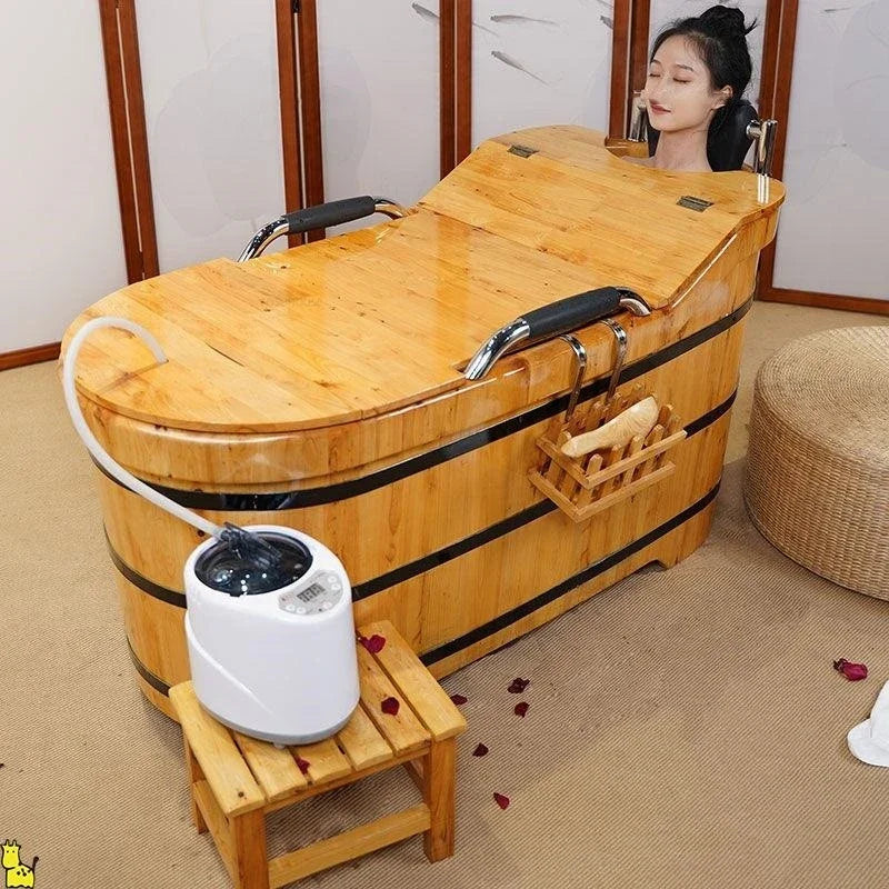 Portable Bathtubs Wooden Barrel Sweat Steaming with Cover Home Full Body Adult Bath Barrel Adult Home Beauty Salon Bath Tub