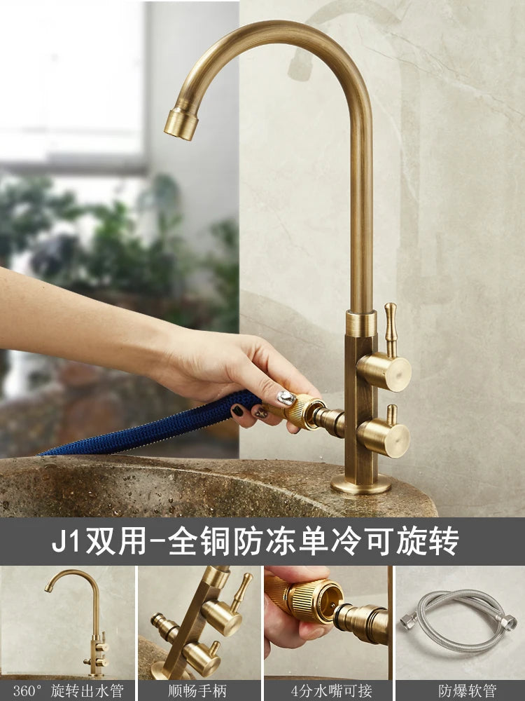 Outdoor Antifreeze Faucet Antique Brass Balcony Wash Basin Single Cooling Faucet Vanity 360°Swivel Rotate Spout Only Cold Tap