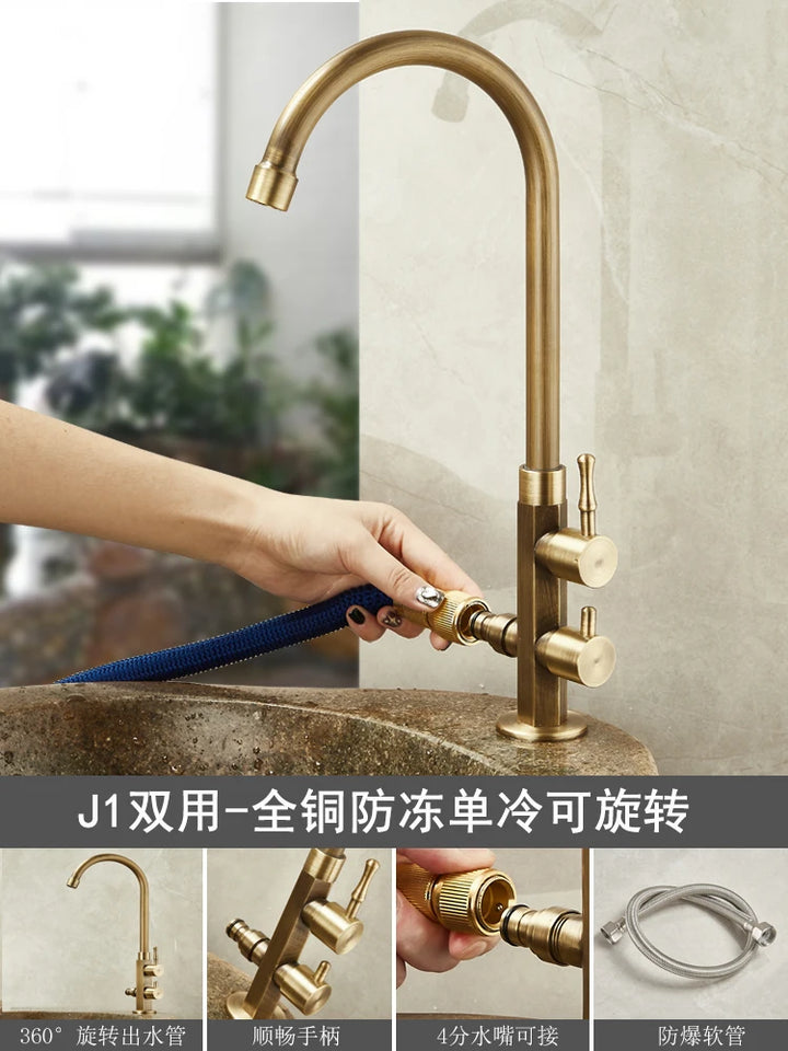Outdoor Antifreeze Faucet Antique Brass Balcony Wash Basin Single Cooling Faucet Vanity 360°Swivel Rotate Spout Only Cold Tap