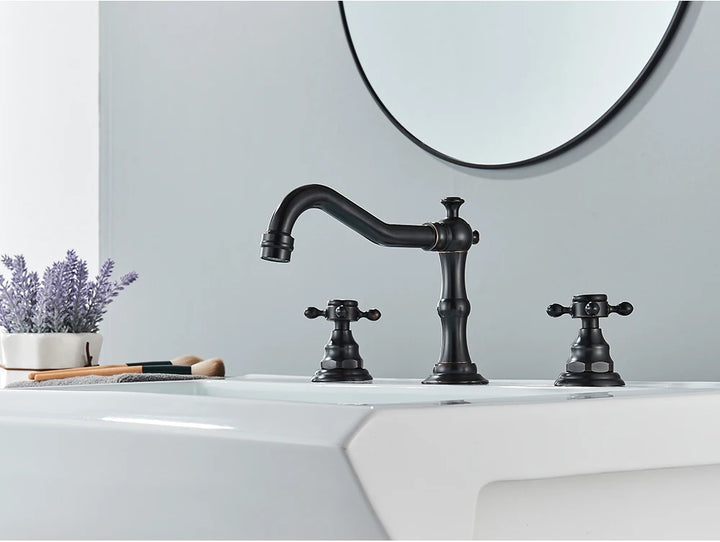 Antique Brass Bathroom Mixer Taps Widespread Basin Faucet Dual Handles Hot and Cold Tap Deck Mounted Brass Basin Sink Faucet