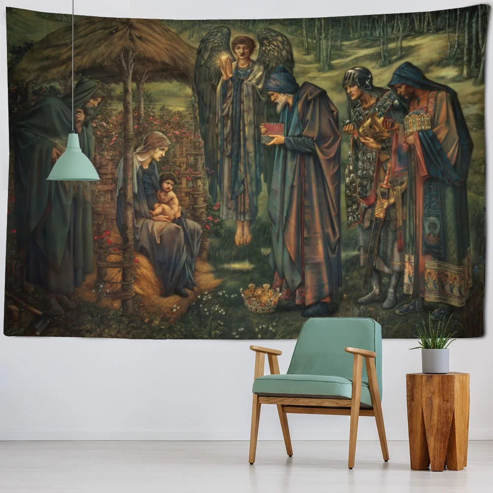 Christmas tapestry, winter snow view, Santa Claus, elk fireplace, room art decoration, wall hanging cloth,