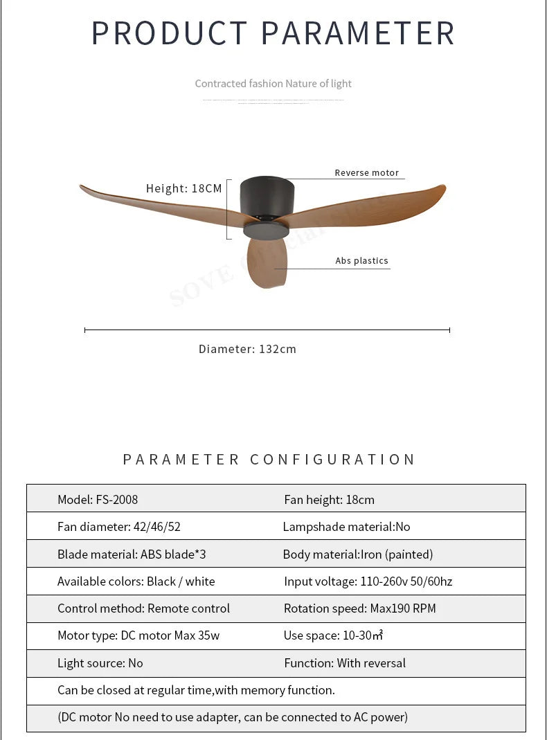SOVE Low Floor Modern Ceiling Fans Without Light DC 30W Ceiling Fan With Remote Control Home Simple Ceiling Fan No Lights 220V