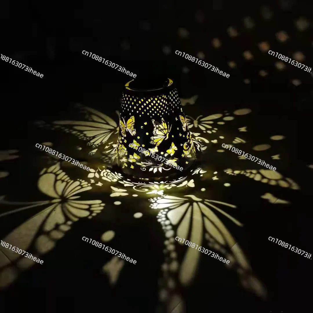 New solar butterfly projection light wrought iron hollow lantern garden atmosphere decorative light