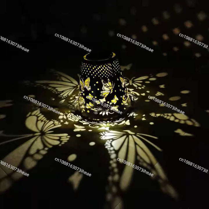 New solar butterfly projection light wrought iron hollow lantern garden atmosphere decorative light