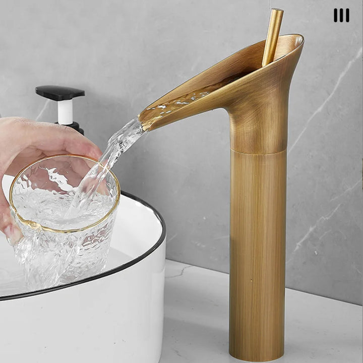 Antique copper washbasin, wine cup faucet, bathroom cabinet, ceramic countertop basin, waterfall cold and hot water faucet