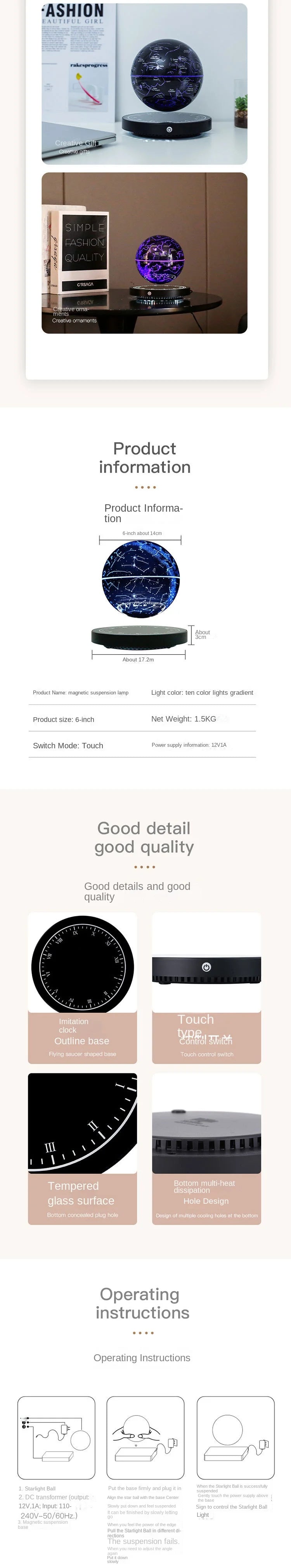 Levitating Lamp Magnetic Levitation Globe LED Earth Floating Lamp Rotating Globe Zodiac Bedside Light