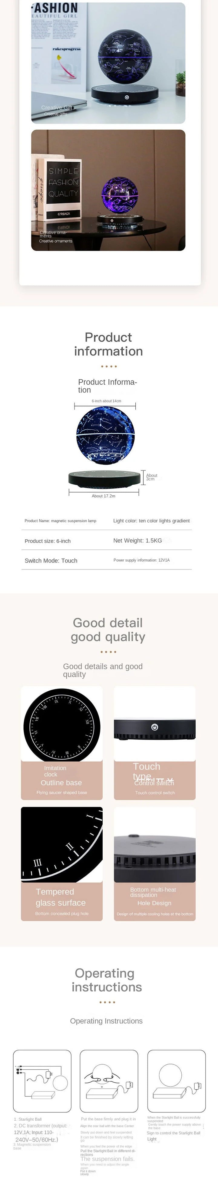 Levitating Lamp Magnetic Levitation Globe LED Earth Floating Lamp Rotating Globe Zodiac Bedside Light