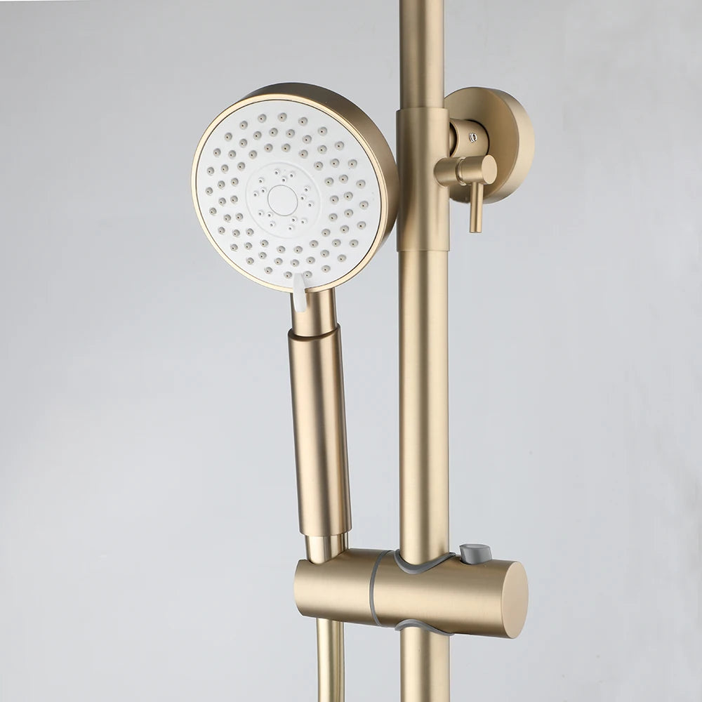 KEMAIDI Brushed Gold Thermostatic Shower System with Tub Spout  3-Functional Exposed Shower Faucet Mixer Fixtures Wall Mounted