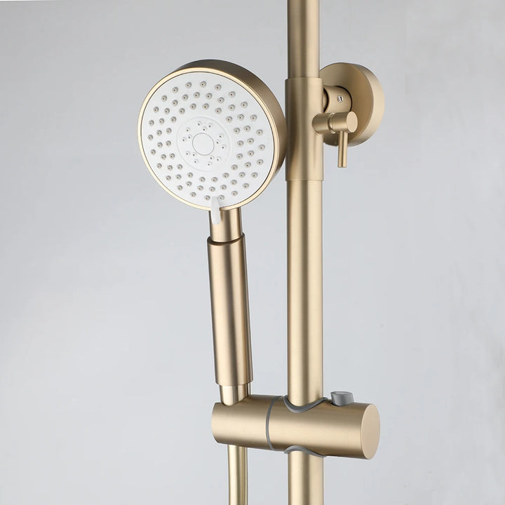 KEMAIDI Brushed Gold Thermostatic Shower System with Tub Spout  3-Functional Exposed Shower Faucet Mixer Fixtures Wall Mounted