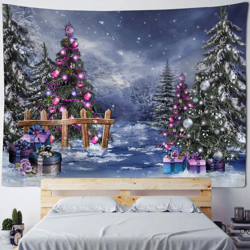 Christmas tapestry, winter snow view, Santa Claus, elk fireplace, room art decoration, wall hanging cloth,