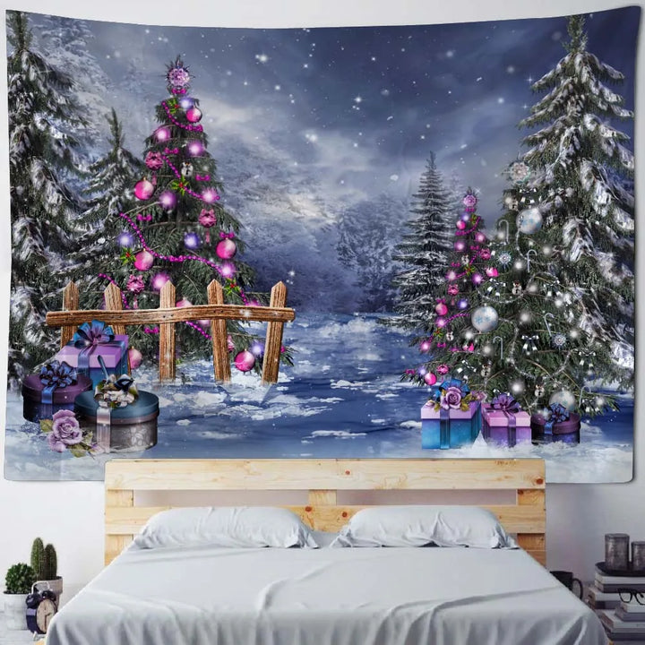 Christmas tapestry, winter snow view, Santa Claus, elk fireplace, room art decoration, wall hanging cloth,