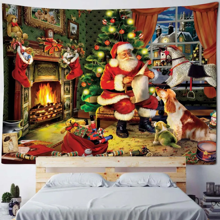 Christmas tapestry, winter snow view, Santa Claus, elk fireplace, room art decoration, wall hanging cloth,