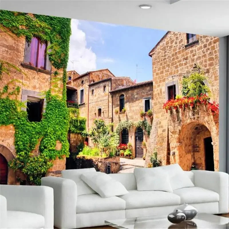 3D Custom Mural Wallpaper - Window Sea View with Red Flowers Stone Path Small Island Garden Lake Background wall for Home Decor