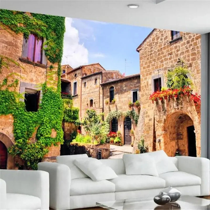 3D Custom Mural Wallpaper - Window Sea View with Red Flowers Stone Path Small Island Garden Lake Background wall for Home Decor