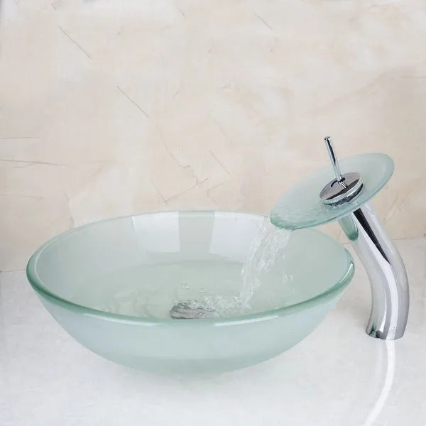 MONITE Tempered Glass Bathroom Sink Set Hand-Painted Art Basin Combine Round Waterfall Bowl Basin Faucet Multiple Styles