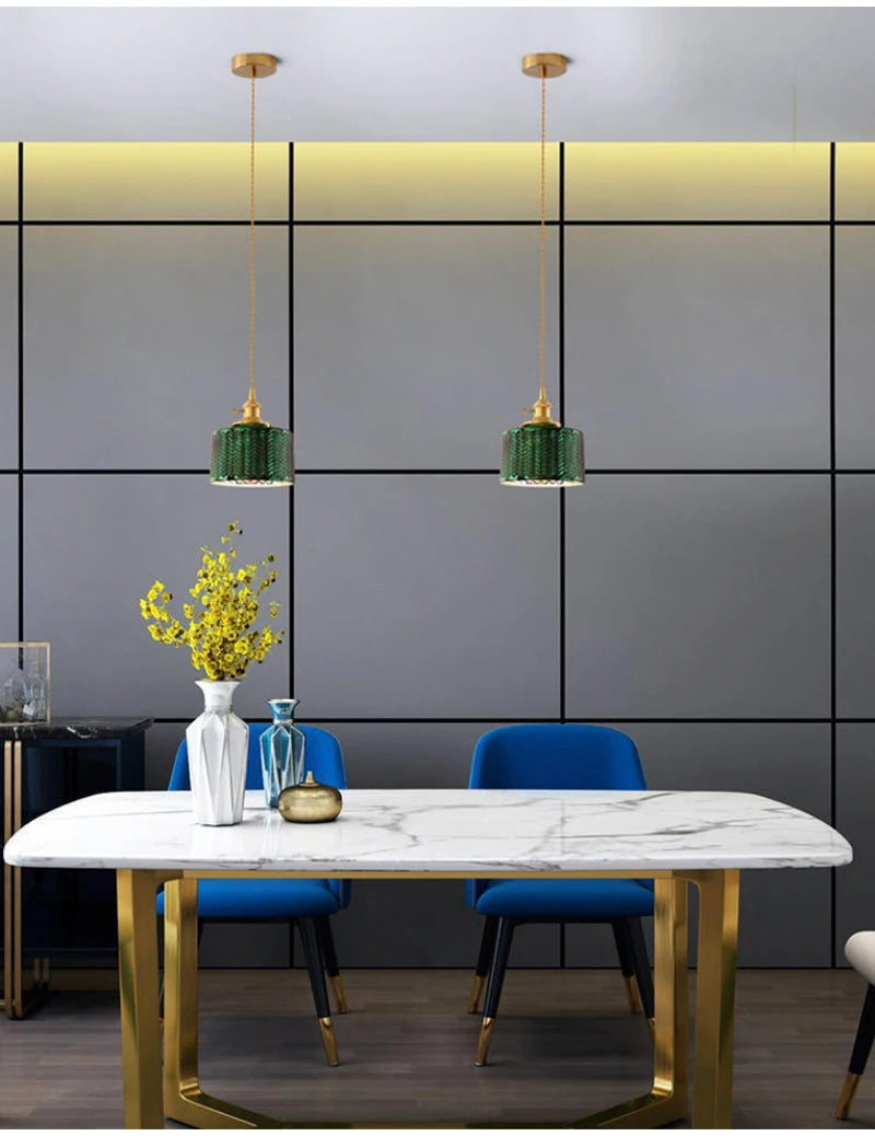 Suspension Green Stripe Glass Chandelier E27 Restaurant Pendant Light For Dining Room Kitchen Cafe Bedside Hanging Lamp Fixtures