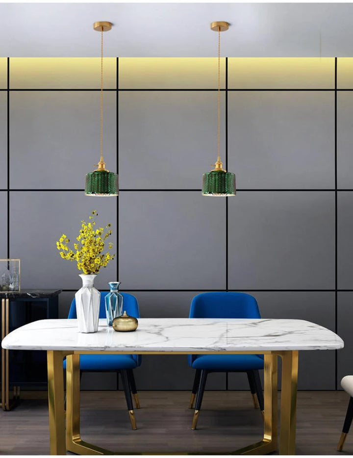 Suspension Green Stripe Glass Chandelier E27 Restaurant Pendant Light For Dining Room Kitchen Cafe Bedside Hanging Lamp Fixtures