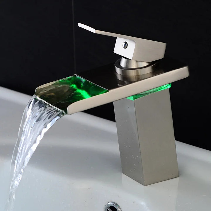 Brushed Gold LED Basin Faucet Waterfall Sink Taps Color Changing Temperature Bathroom Mixer Brass Cold Hot Tap
