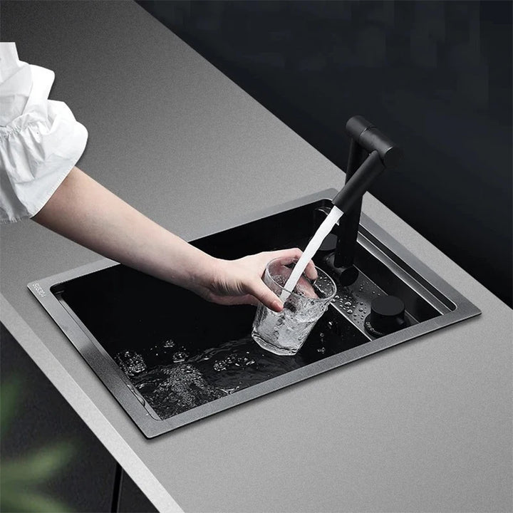 Nano Hidden Bar Kitchen Sink Black Folding Faucet Mini Small Single Bowl Wash Basin Stainless Steel Soap Dispenser Accessories