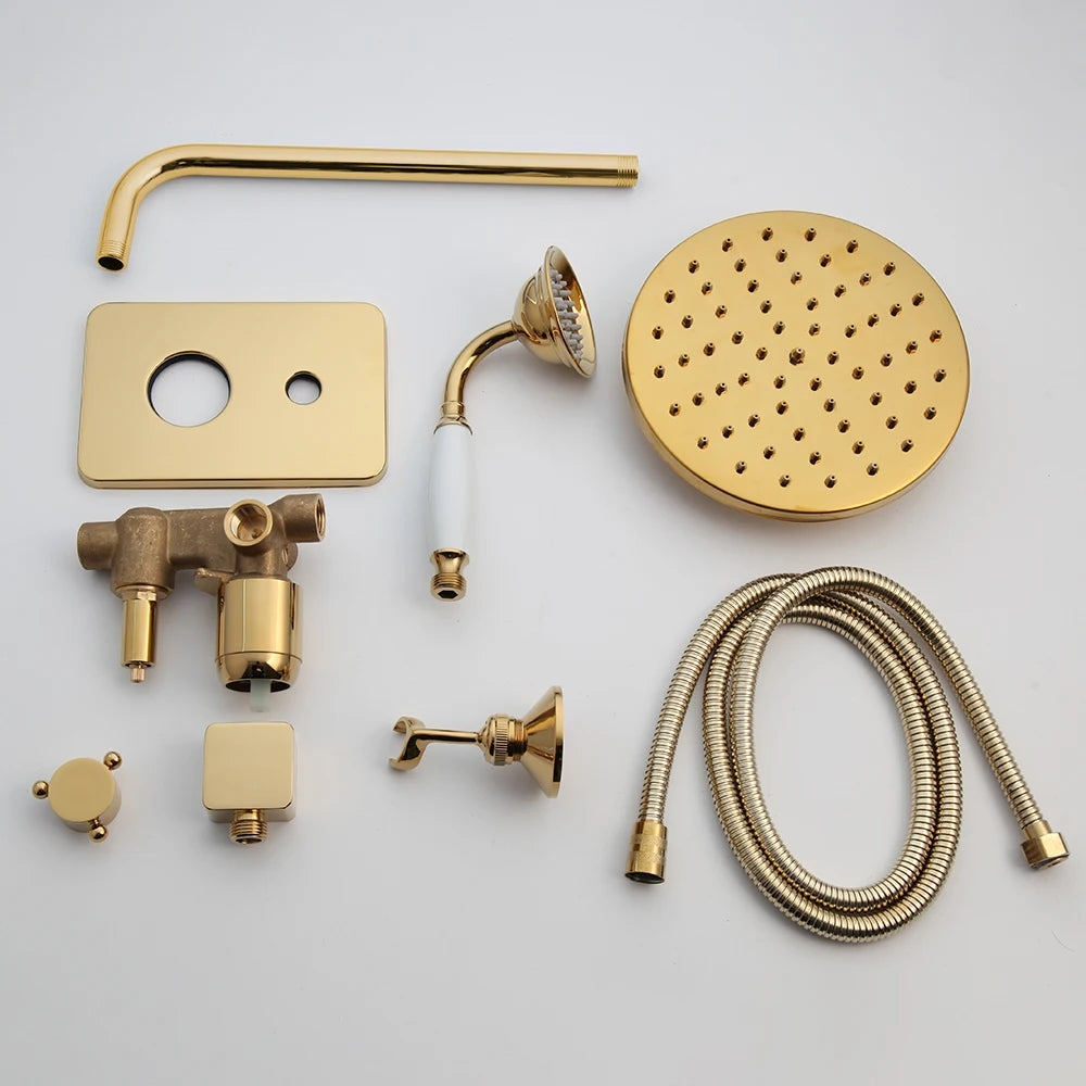 KEMAIDI Golden Plated Shower Faucet Set Solid Brass Wall Mounted Rainfall Shower Mixer Tap 8 Inch Round Style Shower Faucet Set