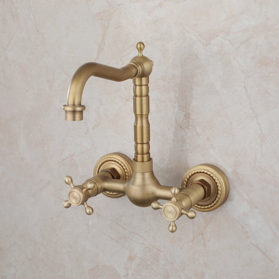 KEMAIDI Antique Brass Bathroom Basin Sink Faucet Tap Dual Handles Wall Mounted Hot Cold Water Mixer Tap 360 Swivel Spout Faucets