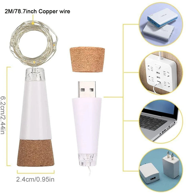 5-pack 2m Cork Bottle Fairy Lights USB Rechargeable Christmas Garland String Lights for Bedroom Room Home Wedding Party Decor