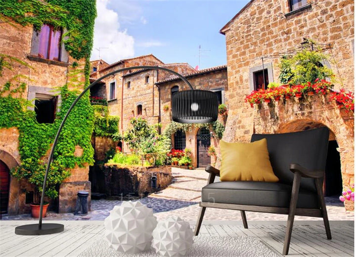 3D Custom Mural Wallpaper - Window Sea View with Red Flowers Stone Path Small Island Garden Lake Background wall for Home Decor