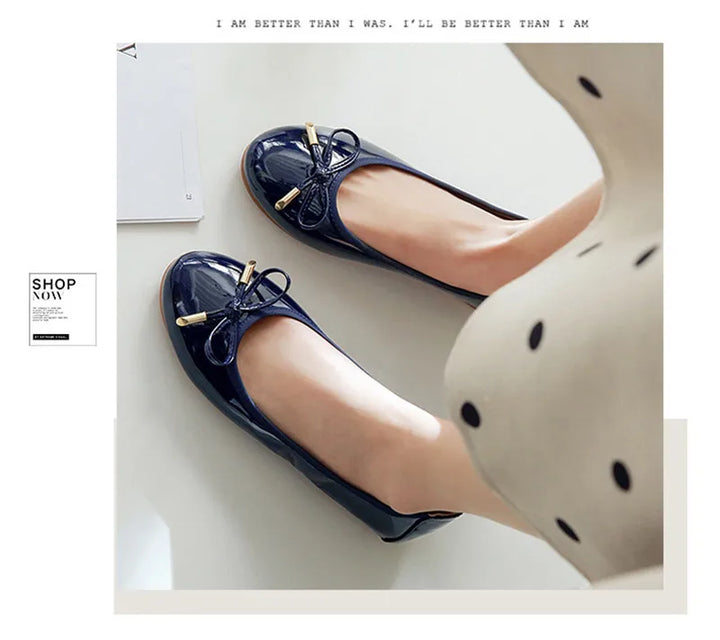 Ladies Loafers Shoes Bowtie Flats Patent Leather Loafers Women Round Toe Roll-Up Shoes Woman Bridesmaid Flats Large Size Zapatos