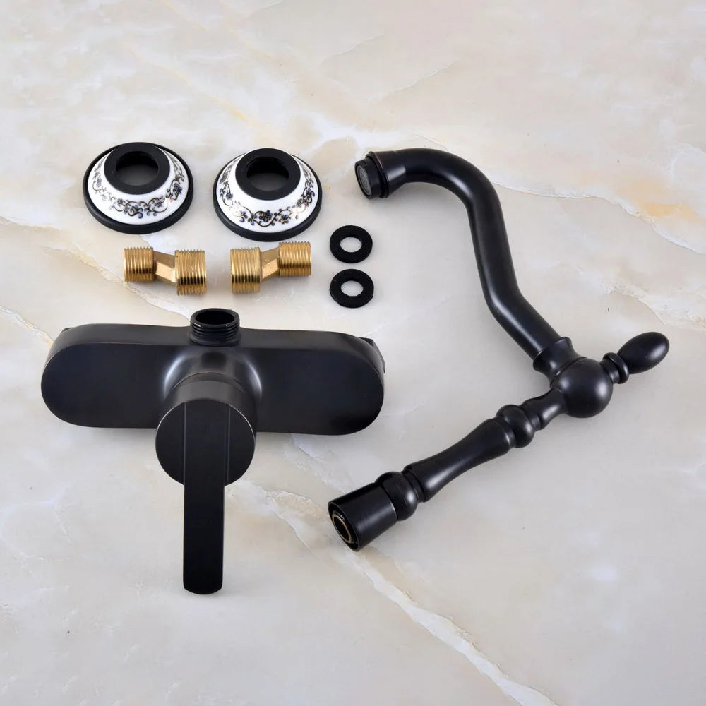 Black Oil Rubbed Bronze Bathroom Kitchen Sink Faucet Mixer Tap Swivel Spout Wall Mounted Single Handle mnf841