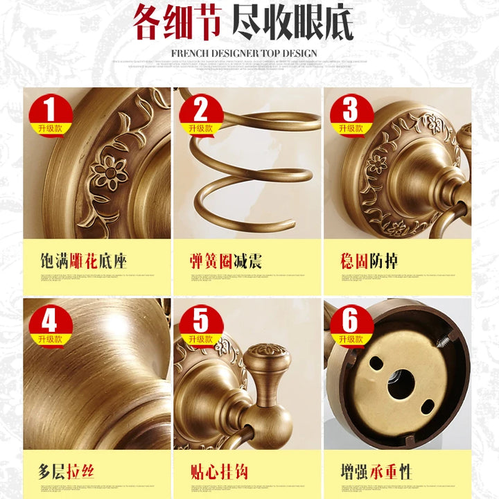 All-copper antique hair dryer rack, bathroom hair dryer rack, storage hanger, European retro light luxury, simple and original.