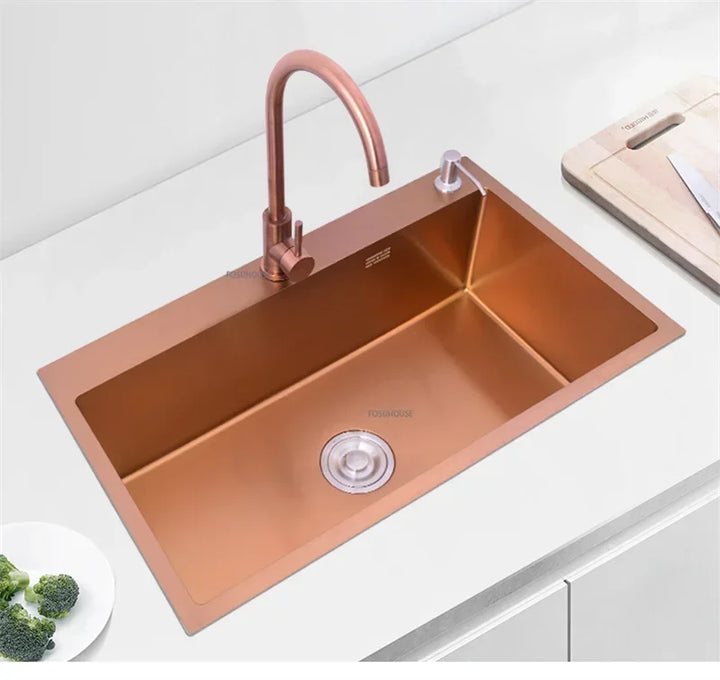 Rose Gold Stainless Steel Kitchen Sink Single Bowl Above Counter Vegetable Basin Modern Drain Storage Luxury