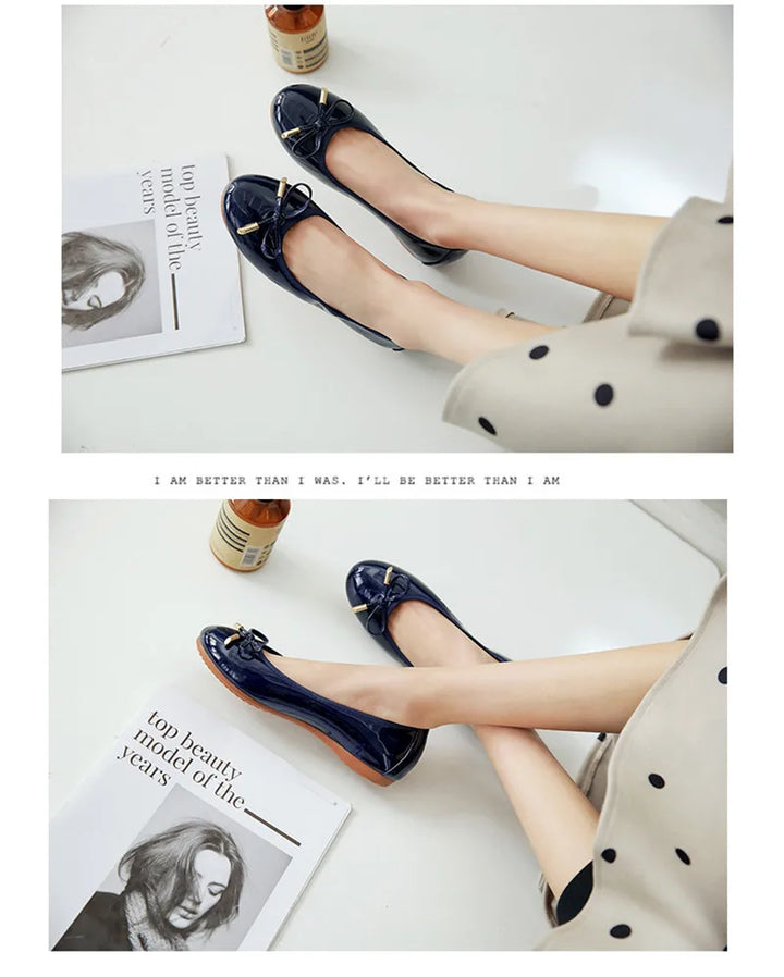 Ladies Loafers Shoes Bowtie Flats Patent Leather Loafers Women Round Toe Roll-Up Shoes Woman Bridesmaid Flats Large Size Zapatos