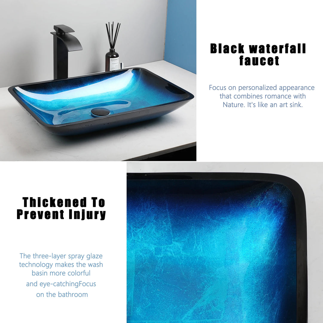 KEMAIDI Big Tempered Glass Basin Sink Washbasin Bathroom Vessel Sinks Counter Top Bowl Washroom Vessel Vanity Sink Faucet Set