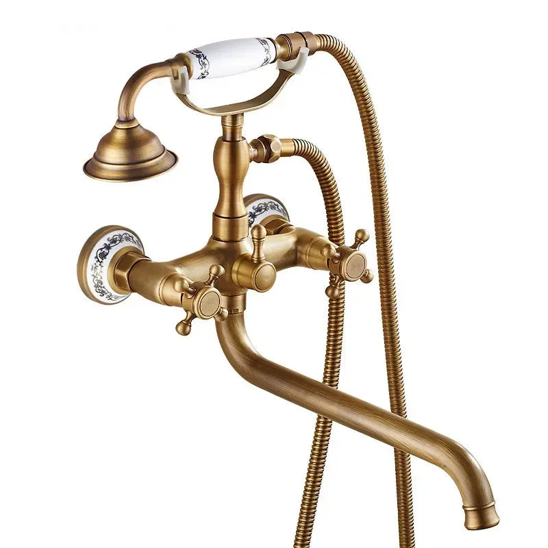 Antique Bathtub Shower Faucet Set Wall Mounted Black Bath Shower Faucet Bathroom Cold and Hot Bath and Shower Mixer Taps Brass