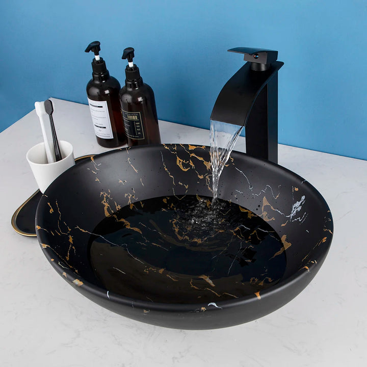 KEMAIDI Oval Vessel Sink with Faucet White Marbling Bathroom Vessel Sinks Above Counter  Ceramic Vessel Sinks for Bathroom Mixer
