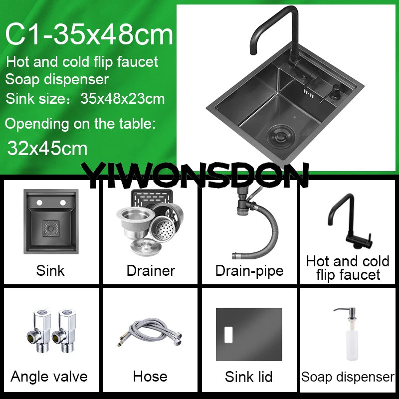 Nano Hidden Bar Kitchen Sink Black Folding Faucet Mini Small Single Bowl Wash Basin Stainless Steel Soap Dispenser Accessories