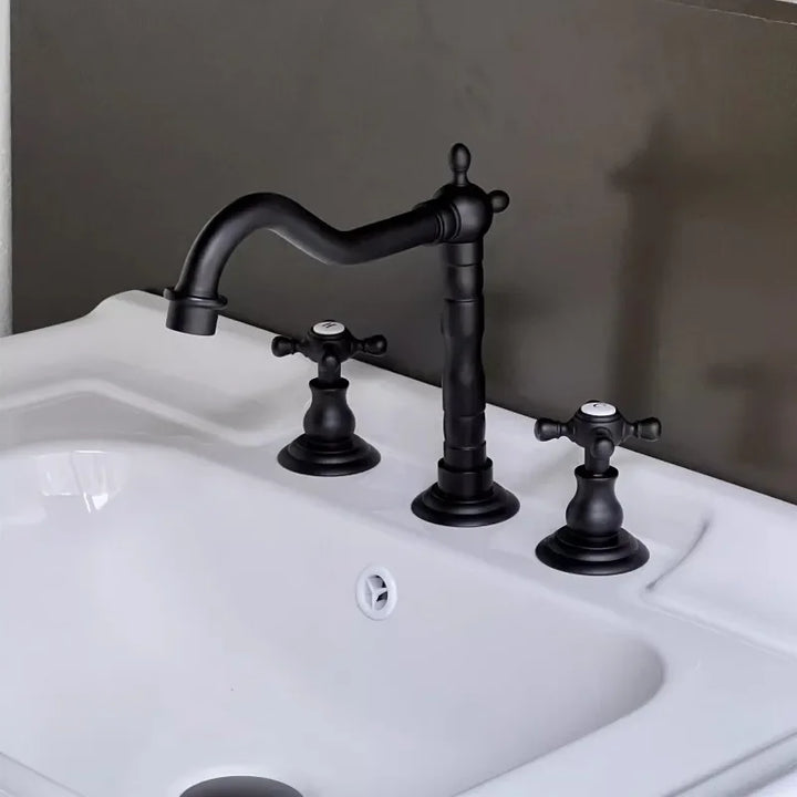 Luxury Gold Color Brass 3 Hole Basin Sink Faucet Dual Handle Hot and Cold Mixer Tap Plum Shape Nnf981