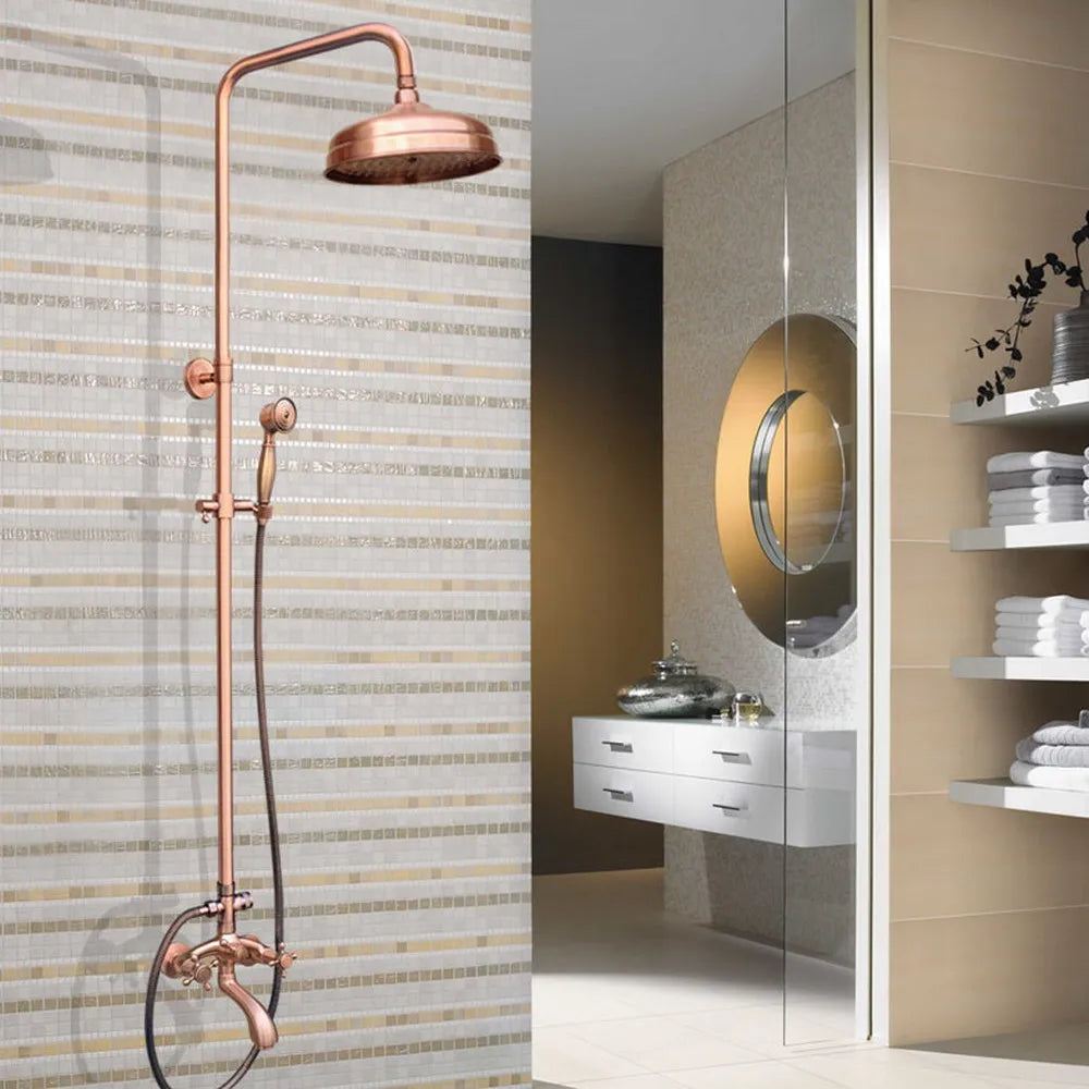 Antique Red Copper Wall Mounted Bathroom 8" inch Round Rain Shower Faucet Set Dual Cross Handle Tub Mixer Tap arg501