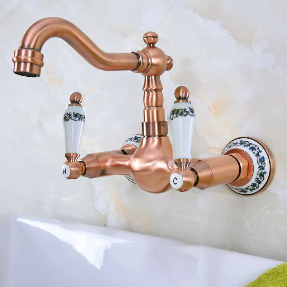 Antique Red Copper Brass Bathroom Kitchen Sink Faucet Mixer Tap Swivel Spout Wall Mounted Dual Ceramic Flower Levers Base mrg029