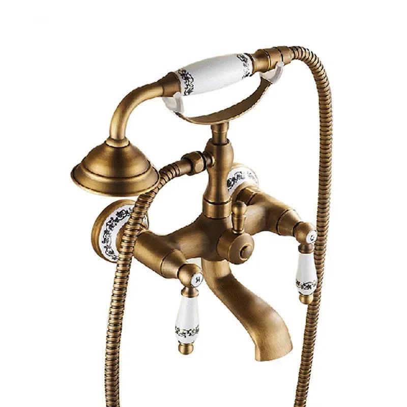 Antique Bathtub Shower Faucet Set Wall Mounted Black Bath Shower Faucet Bathroom Cold and Hot Bath and Shower Mixer Taps Brass