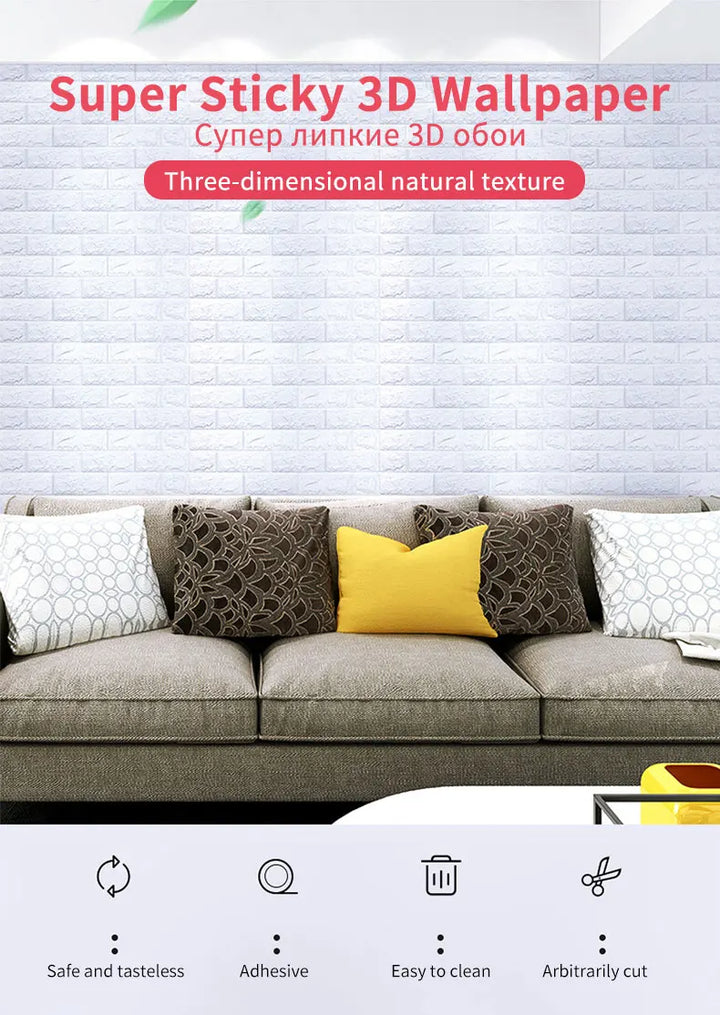 10Pcs Self-Adhesive 3D Wall Sticker DIY Brick Stickers Home Kids Room Kitchen Ceiling Decor No Odor No Pollution Wallpaper 70X77