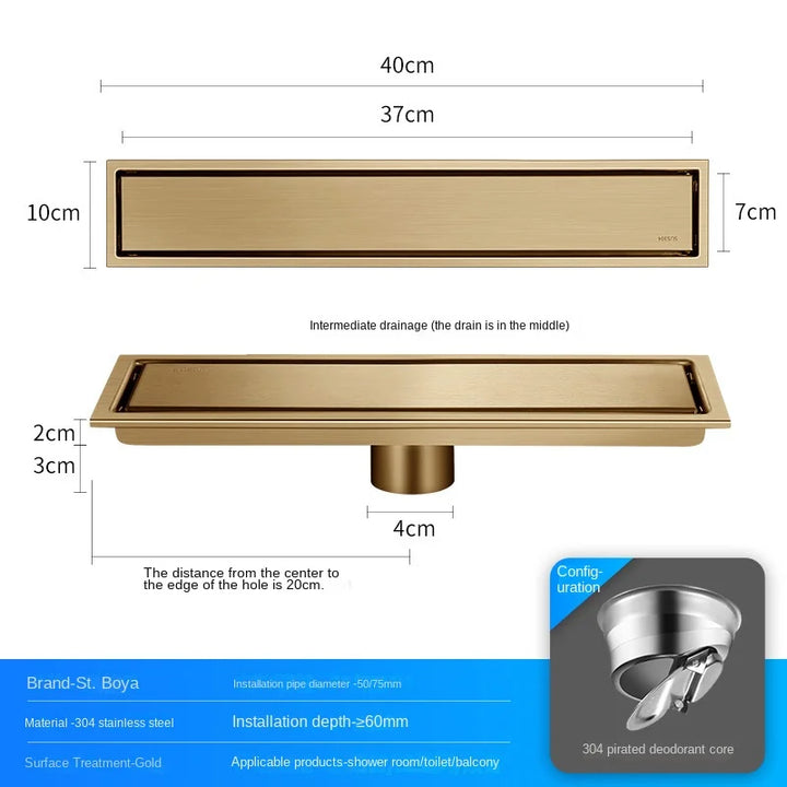 Luxury Hidden 304 Stainless Steel Rectangular Floor Drain Bathroom Toilet Drain Anti-Odor Filter Hair Extended Floor Drain