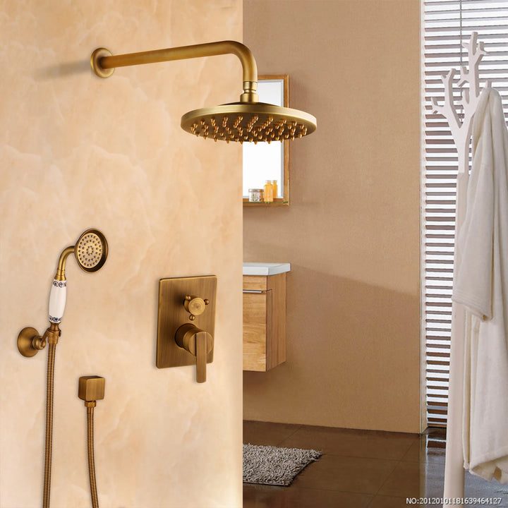 KEMAIDI Golden Plated Shower Faucet Set Solid Brass Wall Mounted Rainfall Shower Mixer Tap 8 Inch Round Style Shower Faucet Set